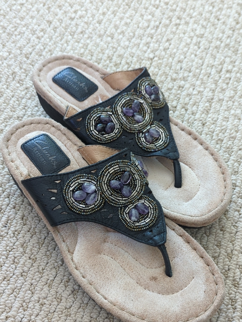 Clarks Black Thong Sandals with Purple Beaded Accents